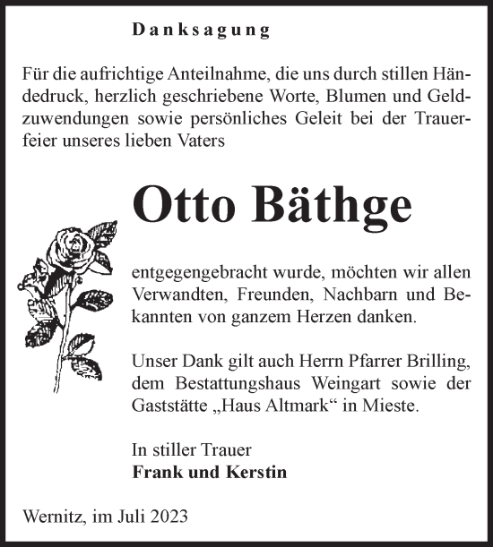 Traueranzeige von Otto Bäthge von Volksstimme Altmark West