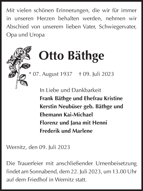 Traueranzeige von Otto Bäthge von Volksstimme Altmark West