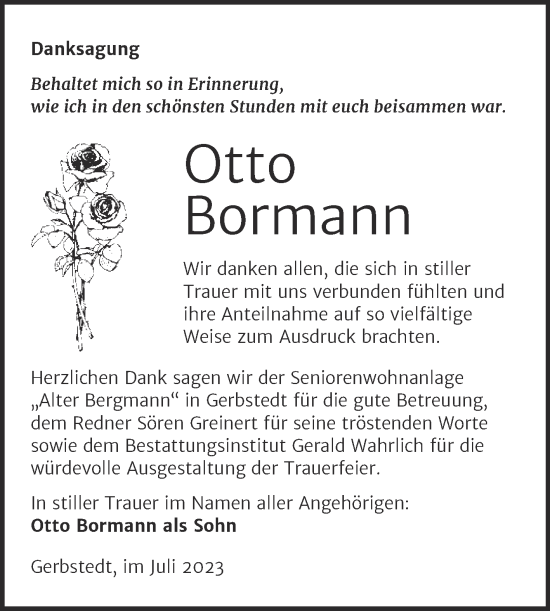 Traueranzeige von Otto Bormann von Trauerkombi Mansfelder Land