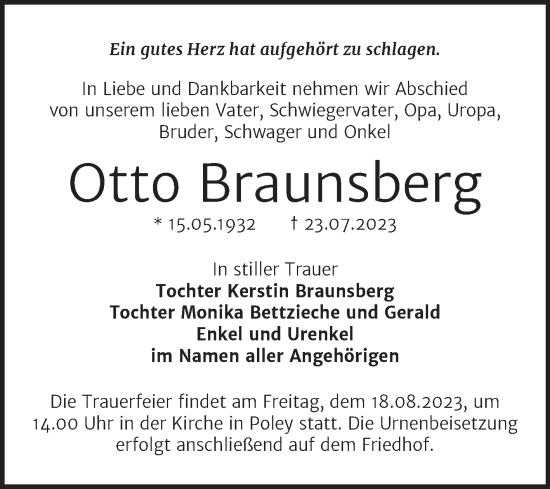 Traueranzeige von Otto Braunsberg von Trauerkombi Bernburg