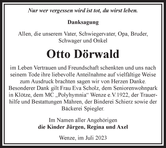 Traueranzeige von Otto Dörwald von Volksstimme Altmark West
