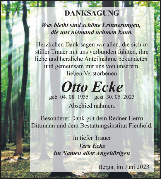 Traueranzeige von Otto Ecke von Trauerkombi Sangerhausen
