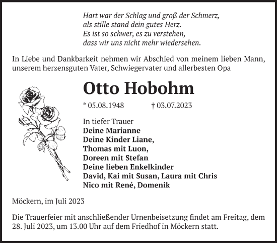 Traueranzeige von Otto Hobohm von Volksstimme Burg/Genthin