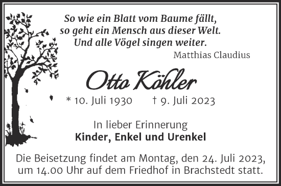 Traueranzeige von Otto Köhler von Mitteldeutsche Zeitung Halle/Saalkreis