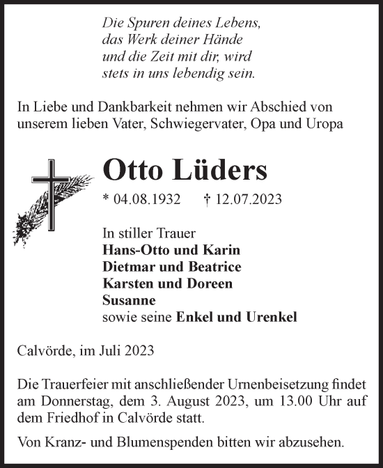 Traueranzeige von Otto Lüders von Volksstimme Haldensleben/Wolmirstedt