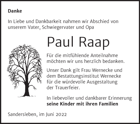 Traueranzeige von Paul Raap von Trauerkombi Mansfelder Land