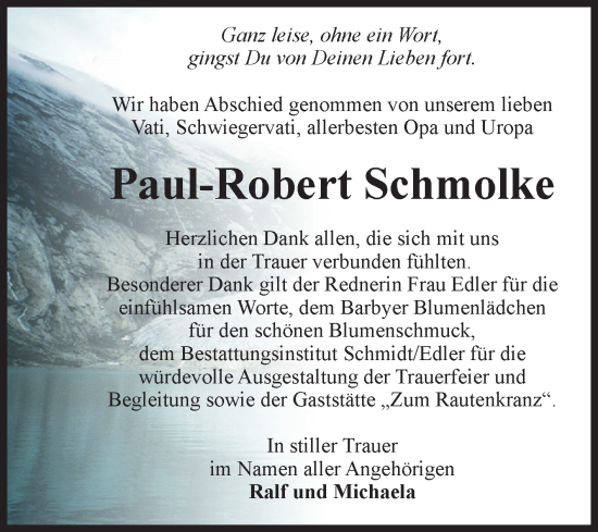 Traueranzeige von Paul-Robert Schmolke von Volksstimme Schönebeck