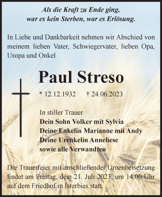 Traueranzeige von Paul Streso von Volksstimme Zerbst