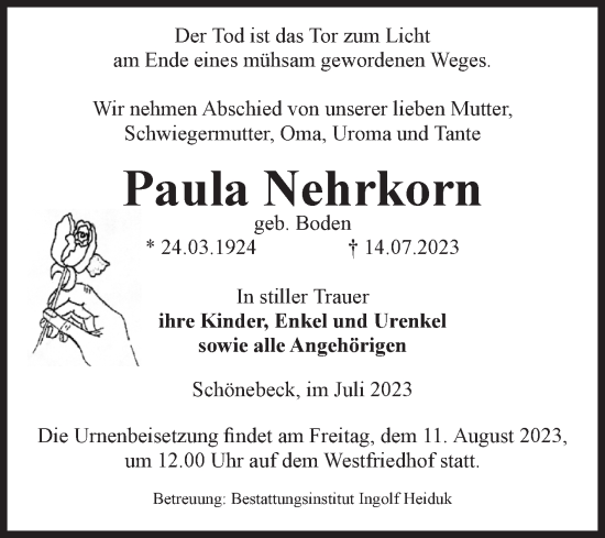 Traueranzeige von Paula Nehrkorn von Volksstimme Schönebeck