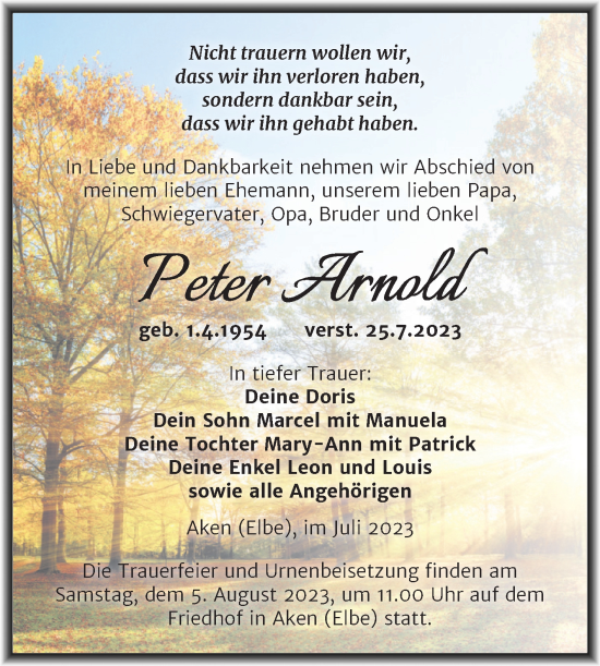 Traueranzeige von Peter Arnold von Trauerkombi Köthen
