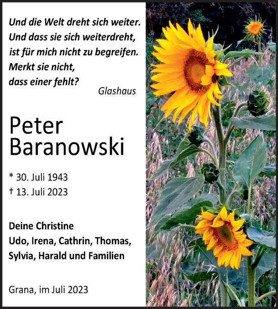 Traueranzeige von Peter Baranowski von Trauerkombi Zeitz