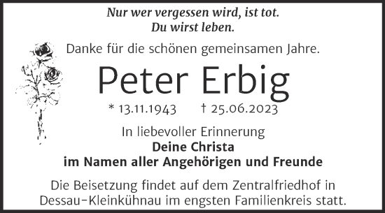 Traueranzeige von Peter Erbig von Trauerkombi Dessau