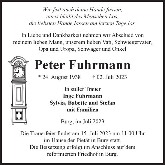 Traueranzeige von Peter Fuhrmann von Volksstimme Burg/Genthin