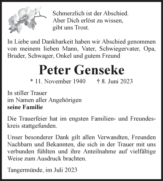 Traueranzeige von Peter Genseke von Volksstimme Altmark Ost