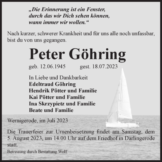Traueranzeige von Peter Göhring von Volksstimme Wernigerode