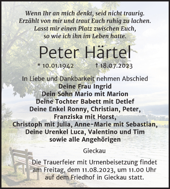 Traueranzeige von Peter Härtel von Wochenspiegel Naumburg/Nebra