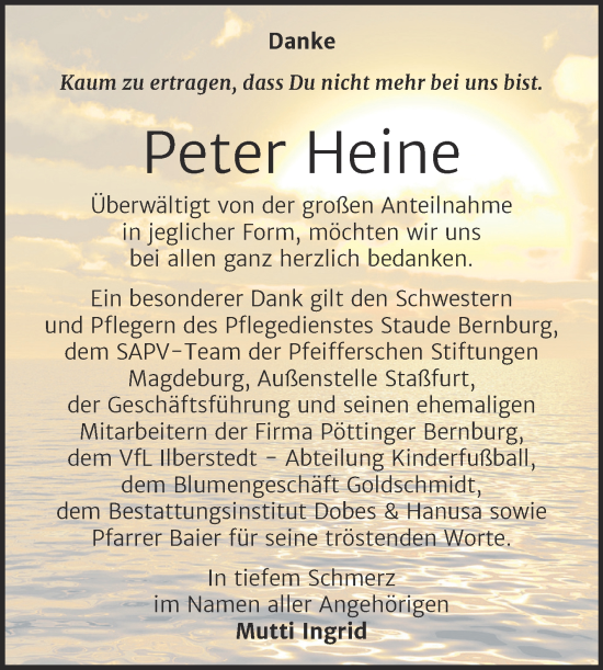 Traueranzeige von Peter Heine von Trauerkombi Bernburg