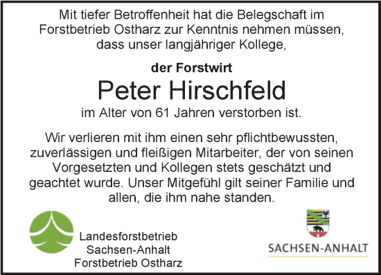 Traueranzeige von Peter Hirschfeld von Super Sonntag Quedlingburg
