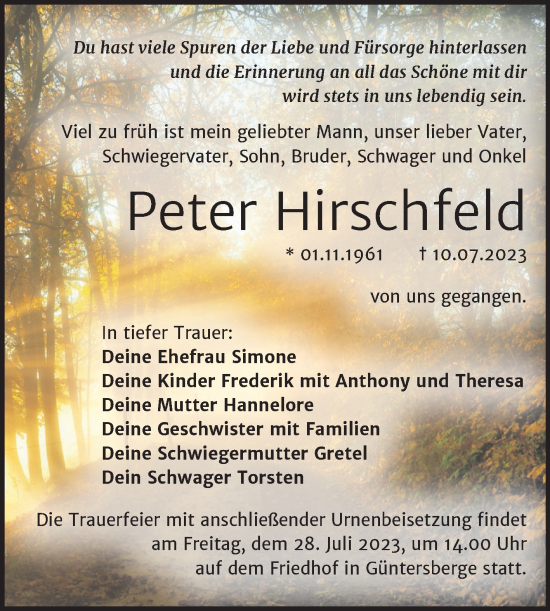 Traueranzeige von Peter Hirschfeld von Trauerkombi Quedlinburg