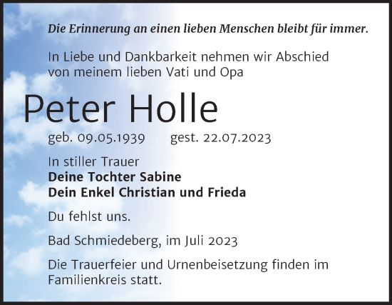 Traueranzeige von Peter Holle von Trauerkombi Wittenberg