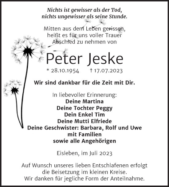 Traueranzeige von Peter Jeske von Trauerkombi Mansfelder Land