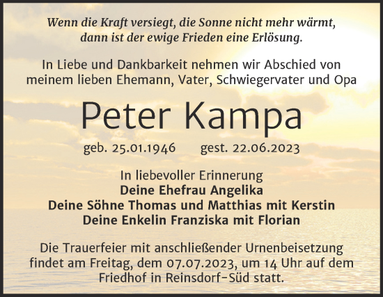 Traueranzeige von Peter Kampa von Trauerkombi Wittenberg