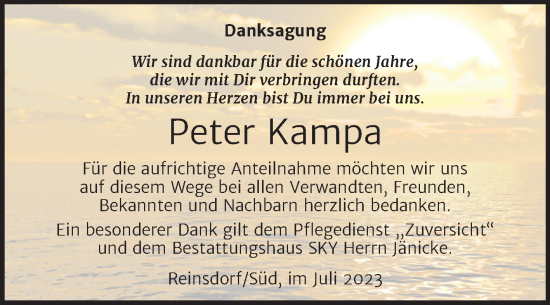 Traueranzeige von Peter Kampa von Trauerkombi Wittenberg