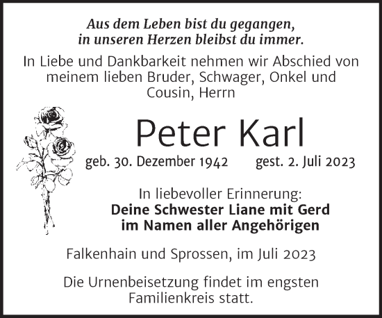 Traueranzeige von Peter Karl von Trauerkombi Zeitz