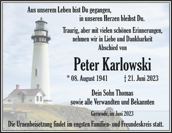Traueranzeige von Peter Karlowski von Trauerkombi Quedlinburg