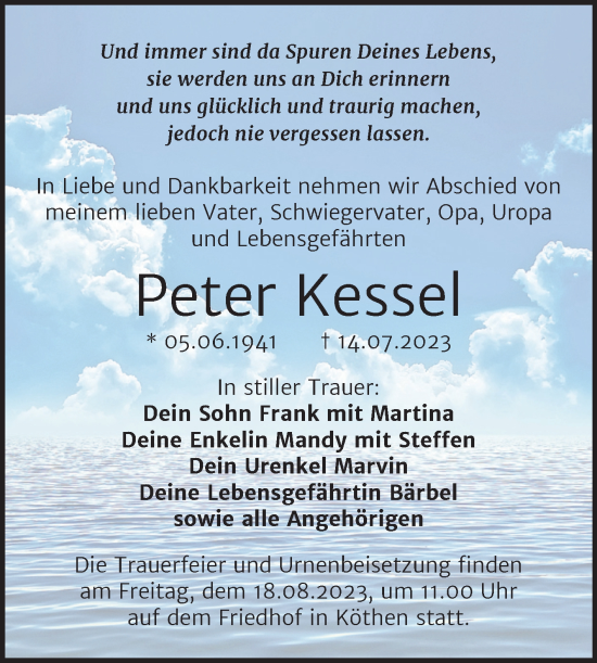 Traueranzeige von Peter Kessel von Trauerkombi Köthen