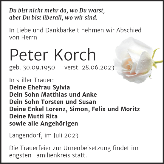 Traueranzeige von Peter Korch von Trauerkombi Weißenfels