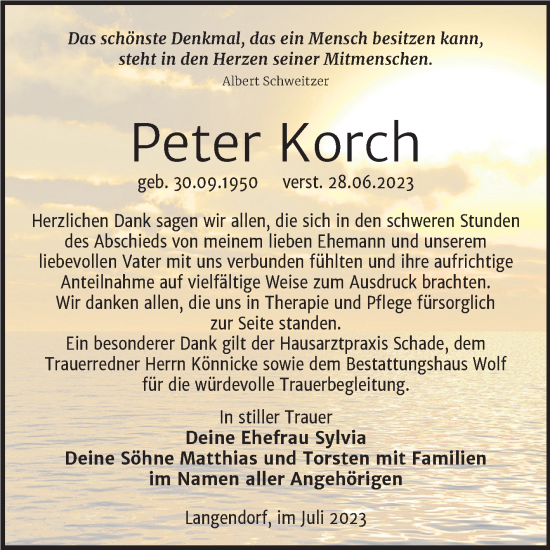 Traueranzeige von Peter Korch von Trauerkombi Weißenfels