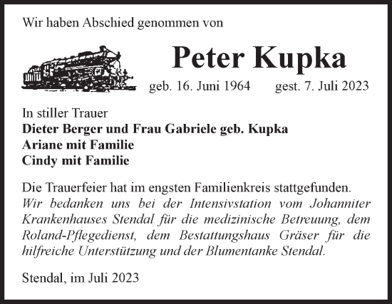 Traueranzeige von Peter Kupka von Volksstimme Altmark Ost