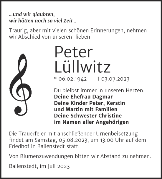 Traueranzeige von Peter Lüllwitz von Trauerkombi Quedlinburg