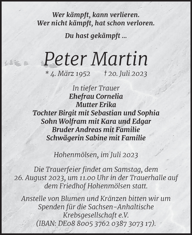  Traueranzeige für Peter Martin vom 29.07.2023 aus Trauerkombi Weißenfels