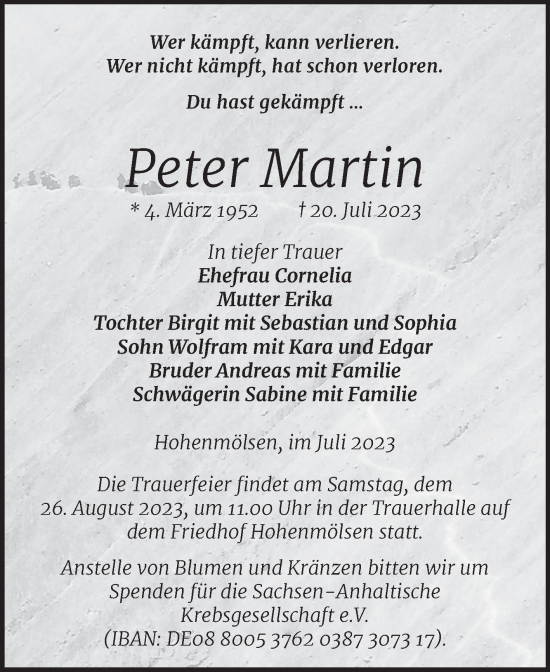 Traueranzeige von Peter Martin von Trauerkombi Weißenfels