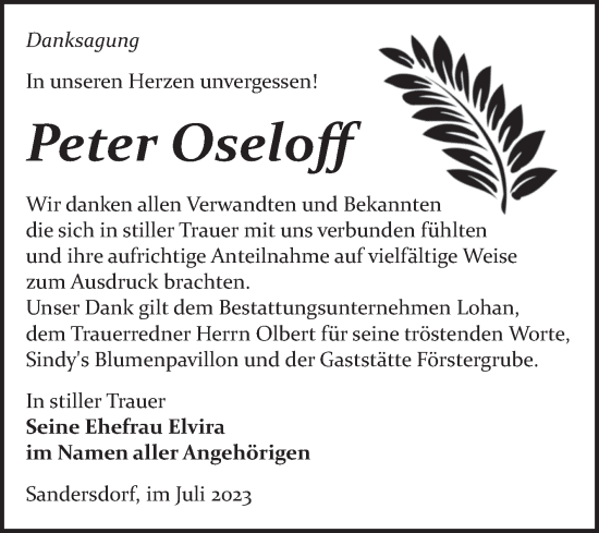 Traueranzeige von Peter Oseloff von Trauerkombi Bitterfeld
