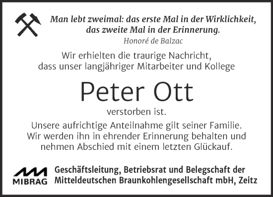Traueranzeige von Peter Ott von Super Sonntag Zeitz