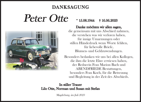 Traueranzeige von Peter Otte von Volksstimme Magdeburg