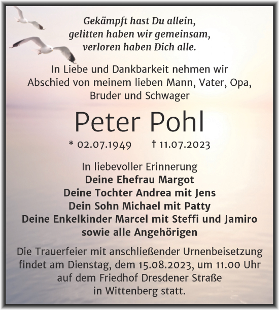 Traueranzeige von Peter Pohl von Trauerkombi Wittenberg