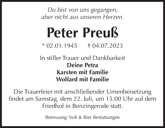 Traueranzeige von Peter Preuß von Volksstimme Wernigerode