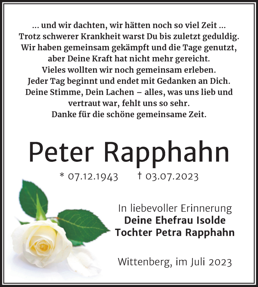  Traueranzeige für Peter Rapphahn vom 15.07.2023 aus Trauerkombi Wittenberg