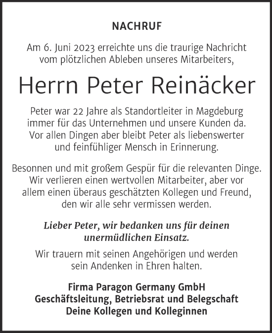 Traueranzeige von Peter Reinäcker von Mitteldeutsche Zeitung Aschersleben