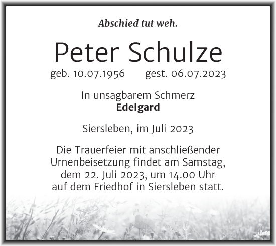 Traueranzeige von Peter Schulze von Mitteldeutsche Zeitung Mansfelder Land