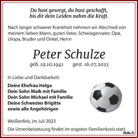 Traueranzeige von Peter Schulze von Trauerkombi Weißenfels