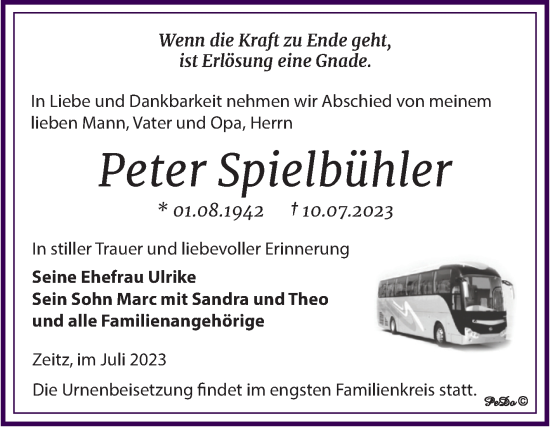 Traueranzeige von Peter Spielbühler von Trauerkombi Zeitz