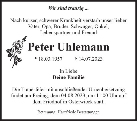 Traueranzeige von Peter Uhlemann von Volksstimme Halberstadt