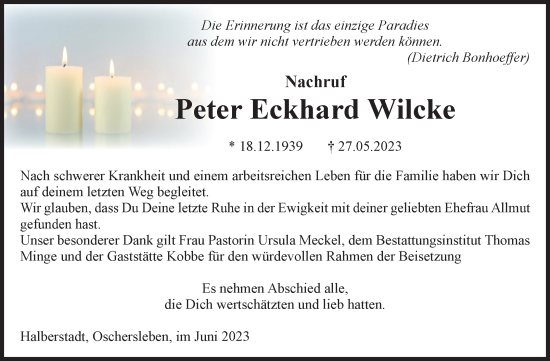 Traueranzeige von Peter Eckhard Wilcke von Volksstimme Oschersleben/Wanzleben