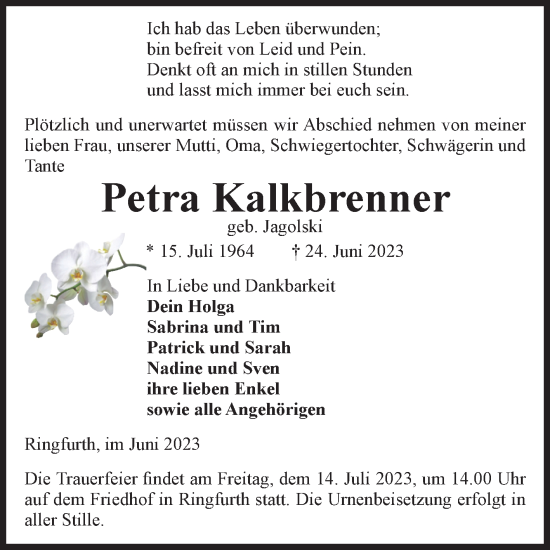 Traueranzeige von Petra Kalkbrenner von Volksstimme Altmark Ost