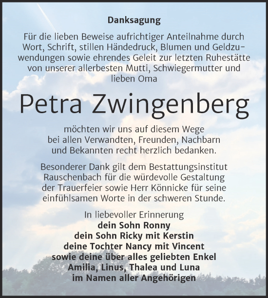 Traueranzeige von Petra Zwingenberg von Wochenspiegel Naumburg/Nebra